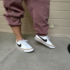 Nike Women's Court Legacy Sneakers - White, Black, and Gold. Size 8.5